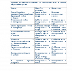 График молебнов и панихид за участников СВО в храмах Бирской епархии